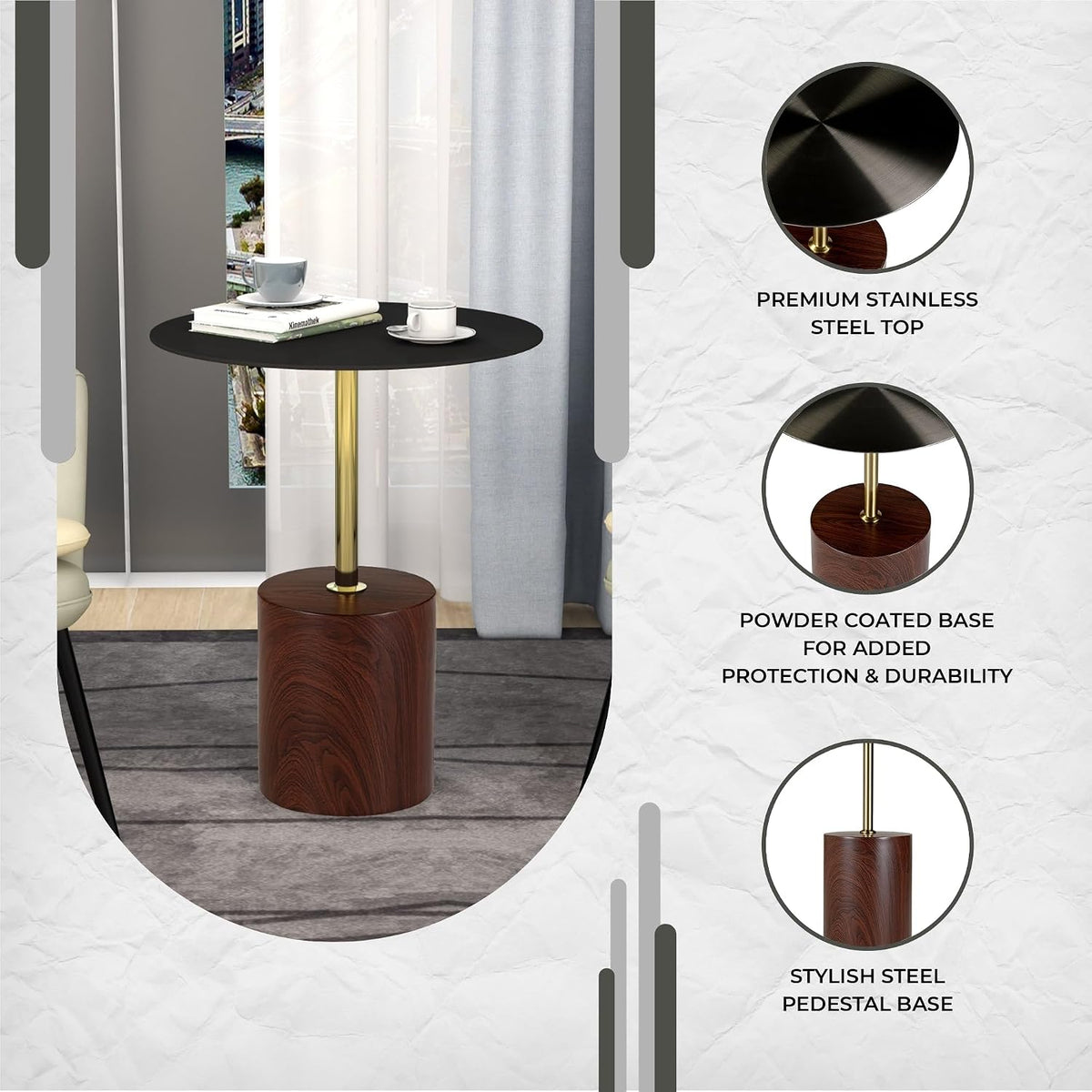 LeisureMod Round Side Table with Modern Stainless Steel Pedestal Base, Chic Accent End Table and Multi-Functional Indoor Nightstand for Living Room, Bedroom, Sofa or Small Spaces, Brown