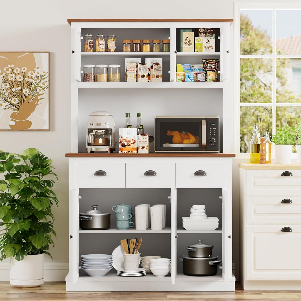 71" Kitchen Hutch with Charging Station, Tall Pantry Storage Cabinet with Microwave Stand, Adjustable Shelves, Slide Drawers, Large Buffet Pantry Cabinet for Kitchen, Dining Room, White