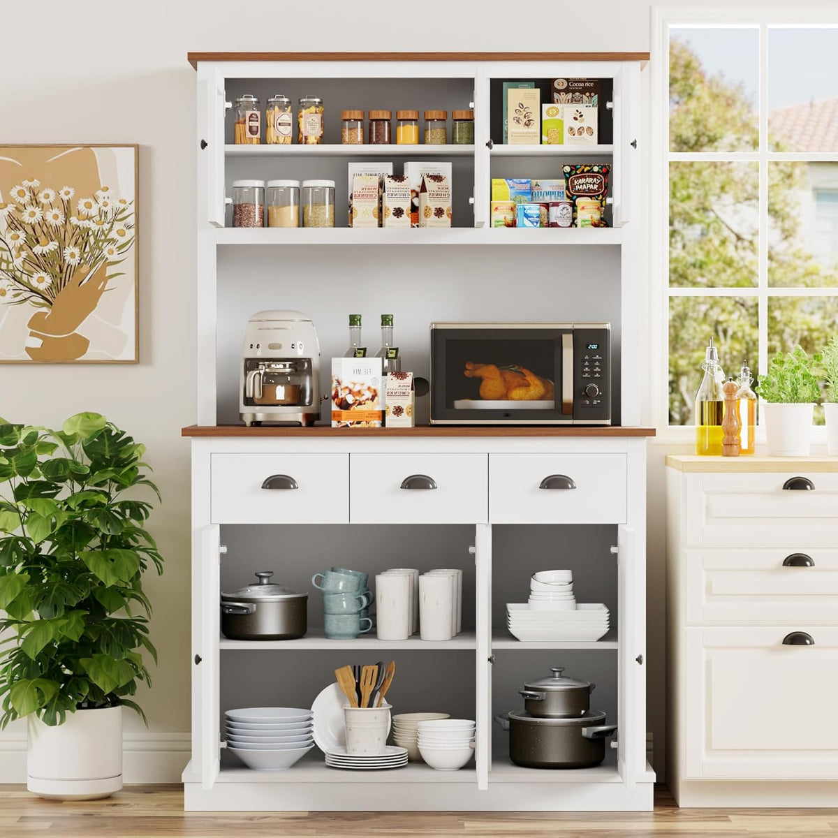 71" Kitchen Hutch with Charging Station, Tall Pantry Storage Cabinet with Microwave Stand, Adjustable Shelves, Slide Drawers, Large Buffet Pantry Cabinet for Kitchen, Dining Room, White