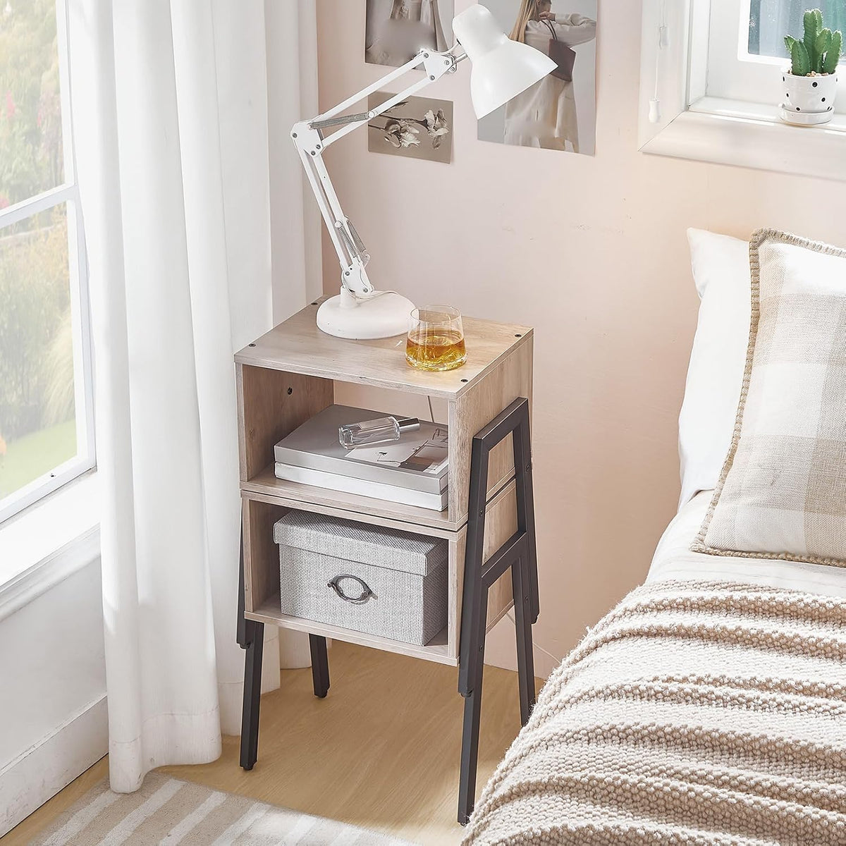 HOOBRO Small Nightstands Set of 2, Stackable End Tables, Side Tables, Bedside Tables with Open Storage Shelf, for Small Spaces, Bedroom, Living Room, Greige and Black BG38BZP201