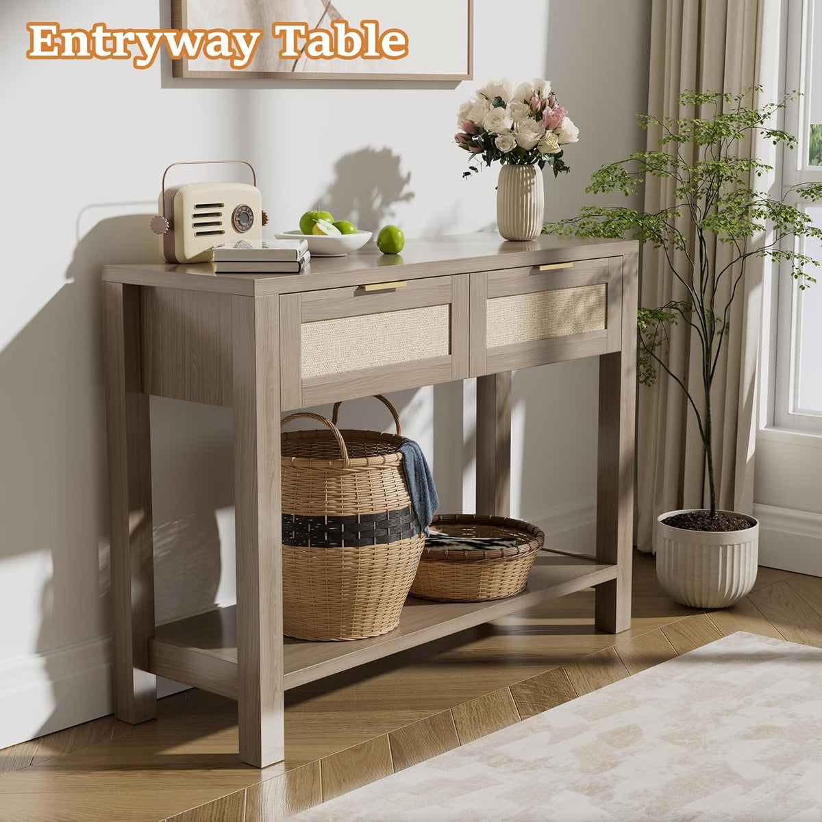 Boho Chic Console Table with 2 Rattan Drawers and Open Shelf Storage, Narrow Farmhouse Sofa Table for Small Space Entryway, Living Room,Hallway, Caramel Oak