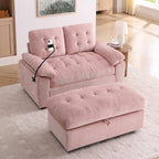 Chaise Lounge Chair Indoor with Storage Ottoman, Comfy Chenille Tufted Loveseat Sofa Chair with USB & Phone Holder, Upholstered Adjustable Backrest Lounge Sofa Chair for Living Room, Bedroom, Pink