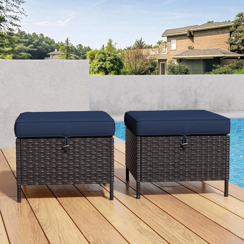 Patio Wicker Ottomans with Removable and Washable Covers, PE Rattan Outdoor Footstools for Porch, Sunroom (Blue)