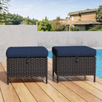 Patio Wicker Ottomans with Removable and Washable Covers, PE Rattan Outdoor Footstools for Porch, Sunroom (Blue)