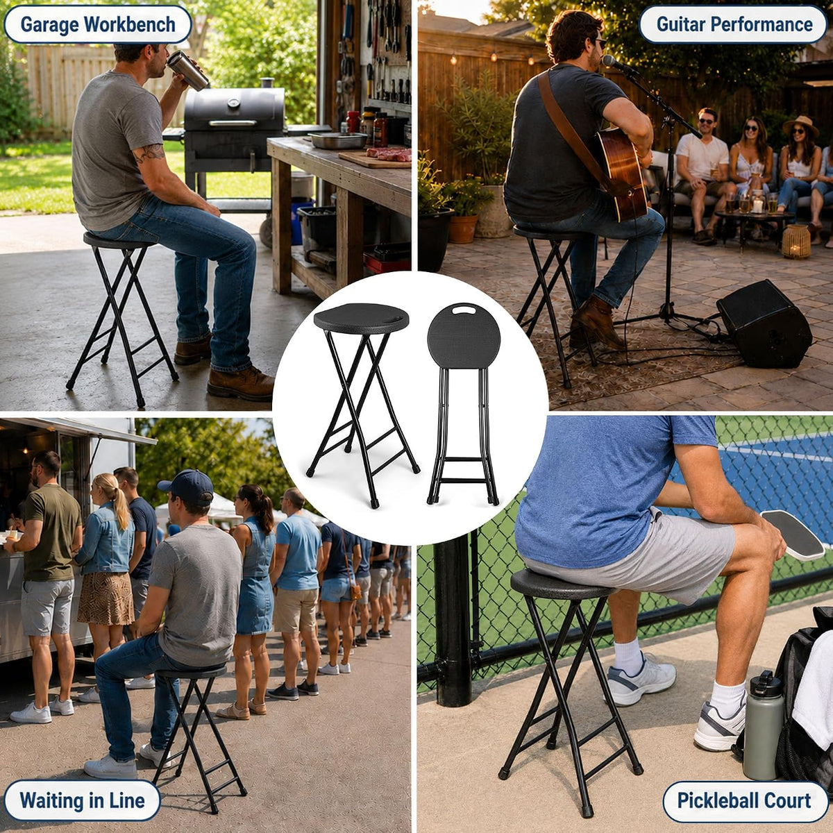 Folding Stool, Black 24 Inch Foldable Bar Stool with Handle | Folding Extra Seat, 500 lbs Capacity, Space-Saving, for Kitchen Island, Counter, Guitar, RV Travel, Camping, Party (1 Pack)