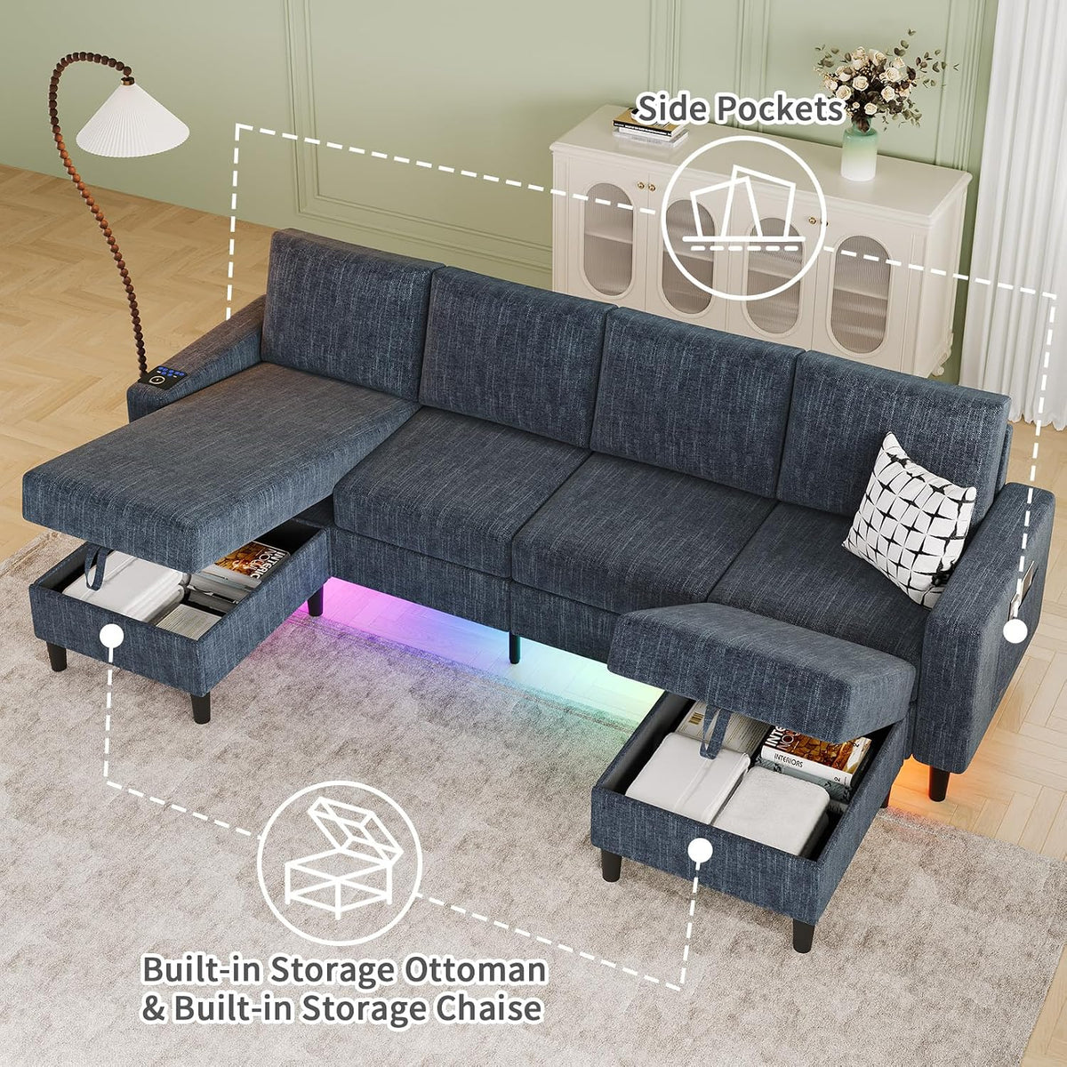 Sectional Couches for Living Room, 6-Seats Soft Linen Fabric Sectional Sofa with Storage Ottoman, Modern Convertible U/L Shaped Couch with Smart Charging Module/LED Light/Music Sync (Blue)