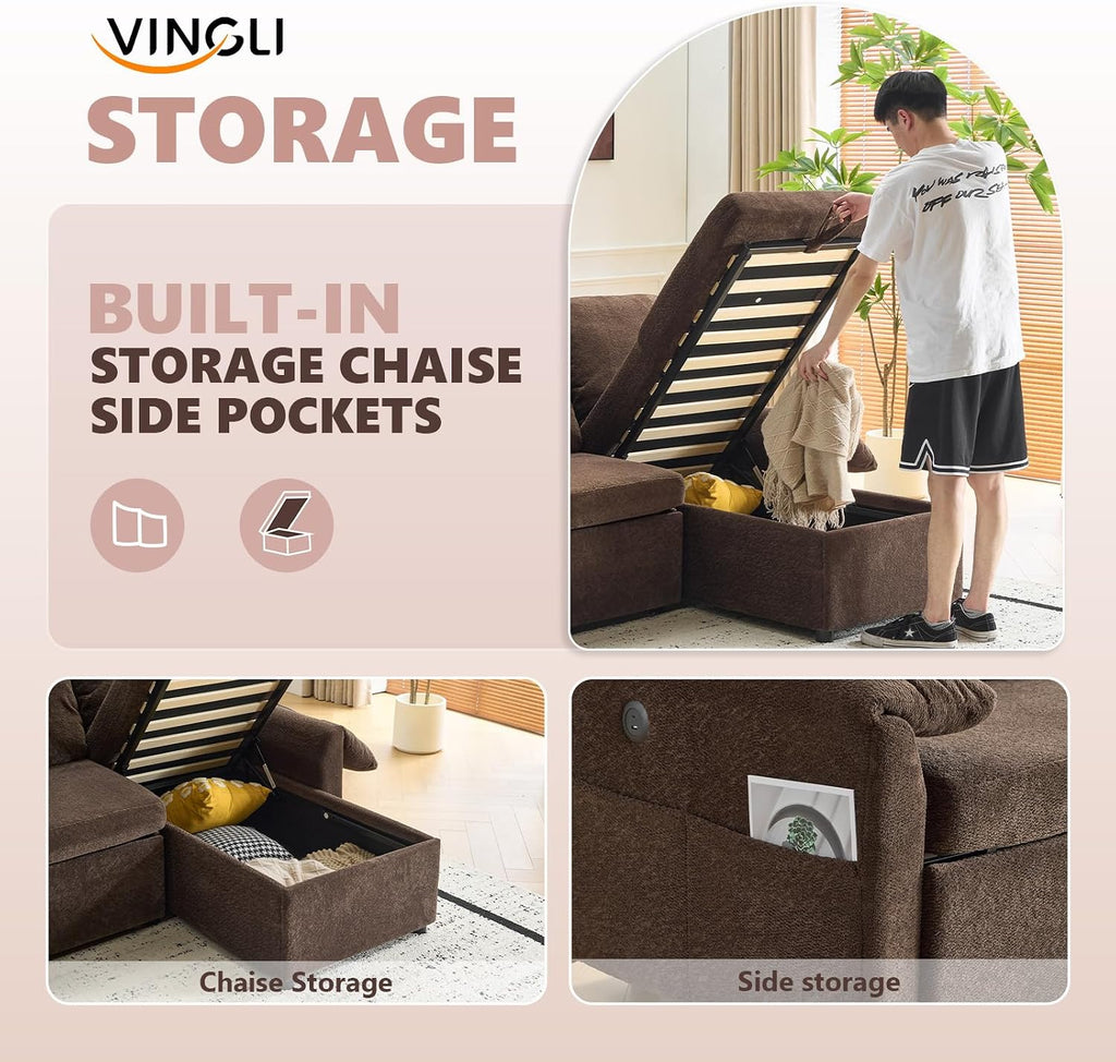 VINGLI Sectional Sleeper Sofa with Pull Out Couch Bed, 85 Inch L-Shaped Convertible Sofa Bed, 5 Seat Modular Sectional Couches for Living Room with Storage Chaise, USB Charging, Side Pockets