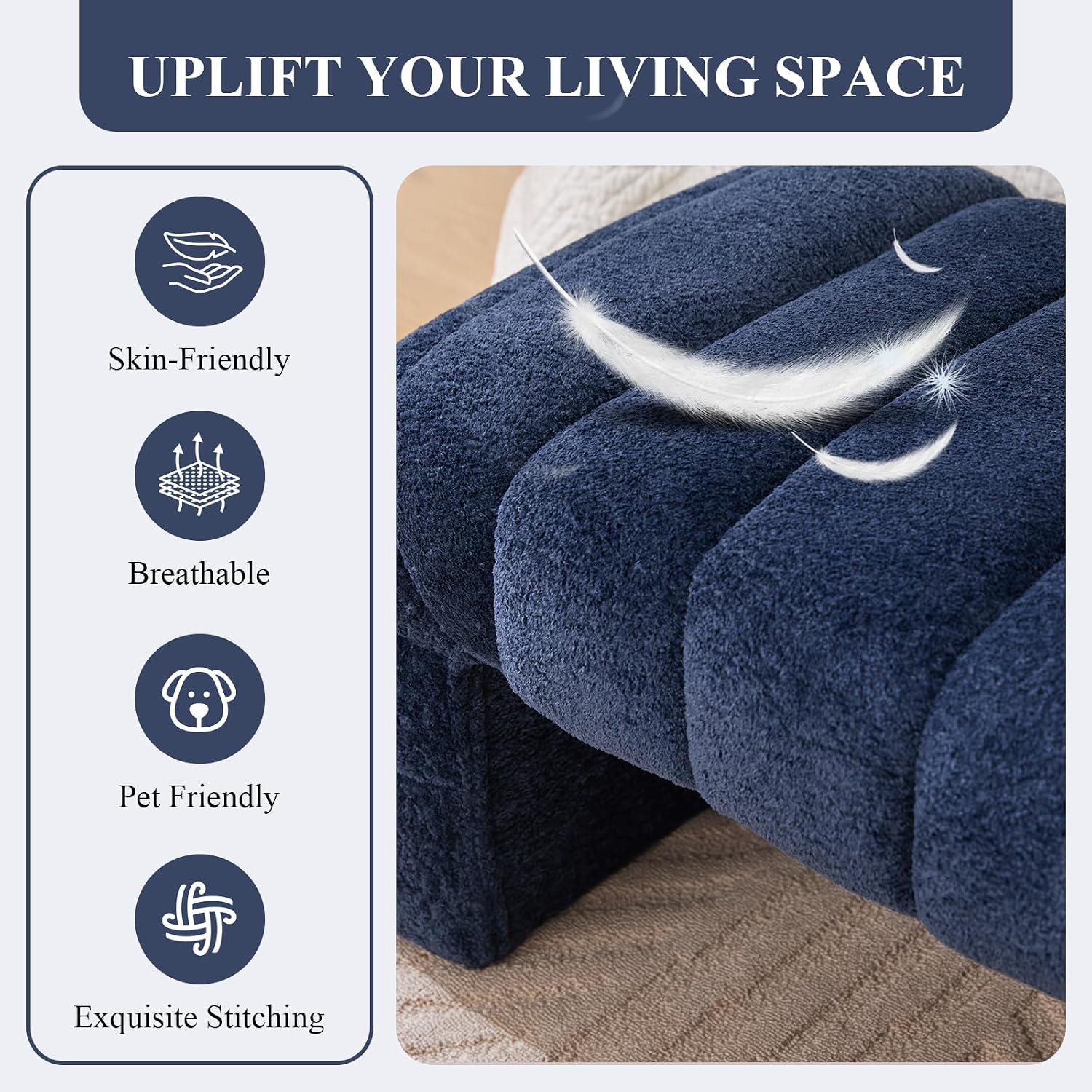 NIOIIKIT 69.7" Ottoman Bench, Teddy Upholstered Queen Size End of Bed Bench, Channel Tufted Entryway Bench with Cushion, Long Bedroom Bench, Window Bench Seat for Entryway, Living Room (Navy)
