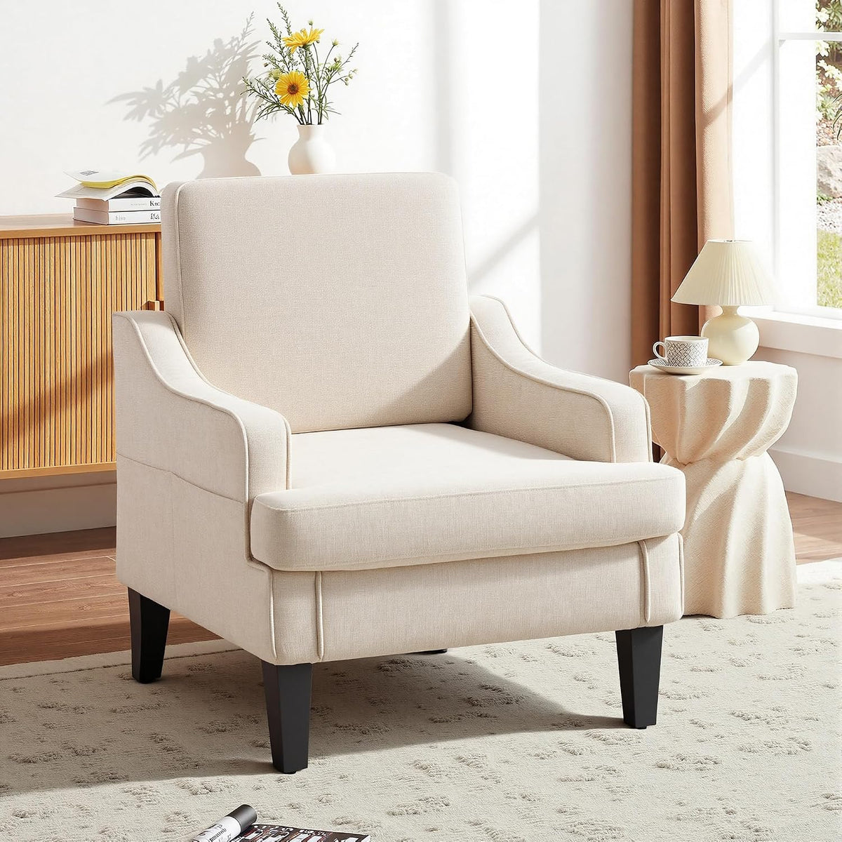 Accent Chair for Living Room,Mid-Century Arm Chair Fabric Living Room Chairs,Upholstered Reading Chair for Bedroom,Single Sofa Chair with Wood Legs for Apartment (Beige)