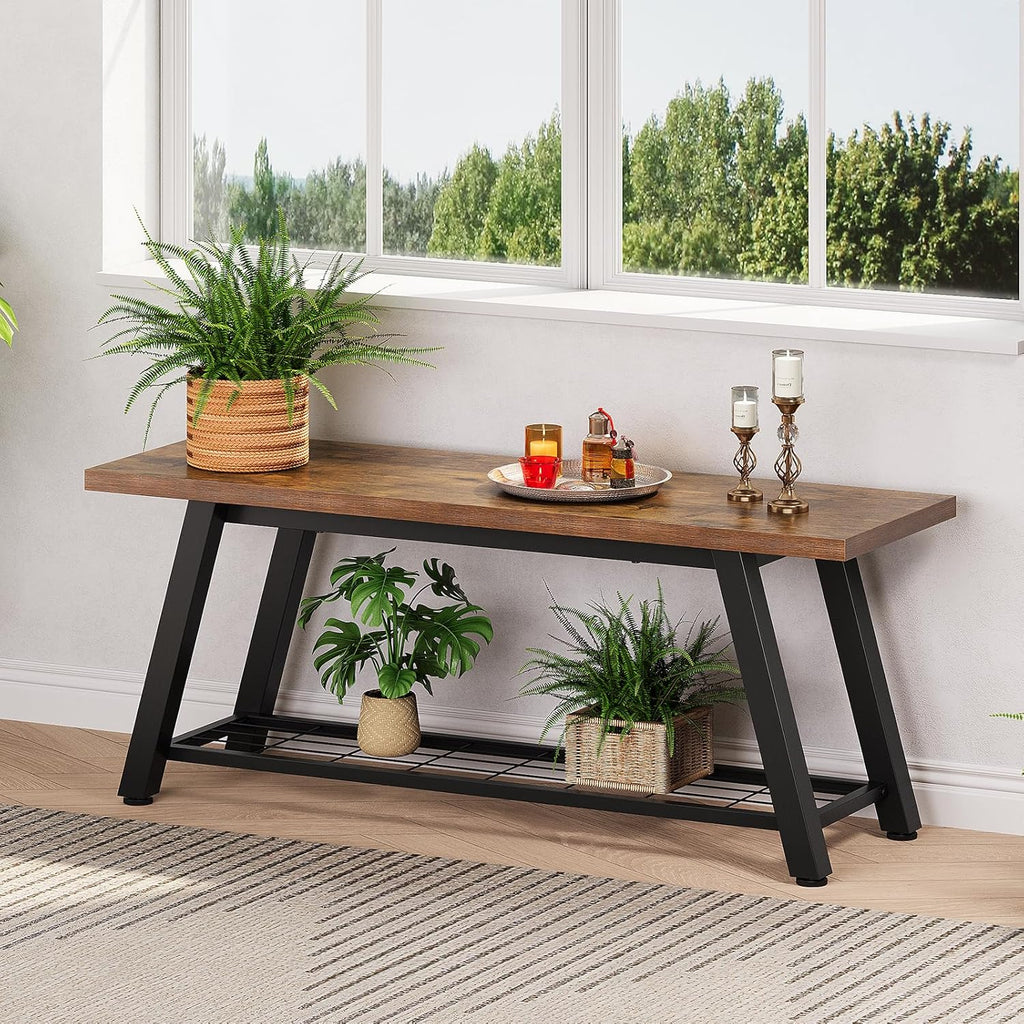 Oastreeful Storage Bench Industrial Rustic Wooden and Metal Entryway Shoe Boots Storage Rack Long Bench Seat for Hallway Bedroom Retro Brown Farmhouse Style