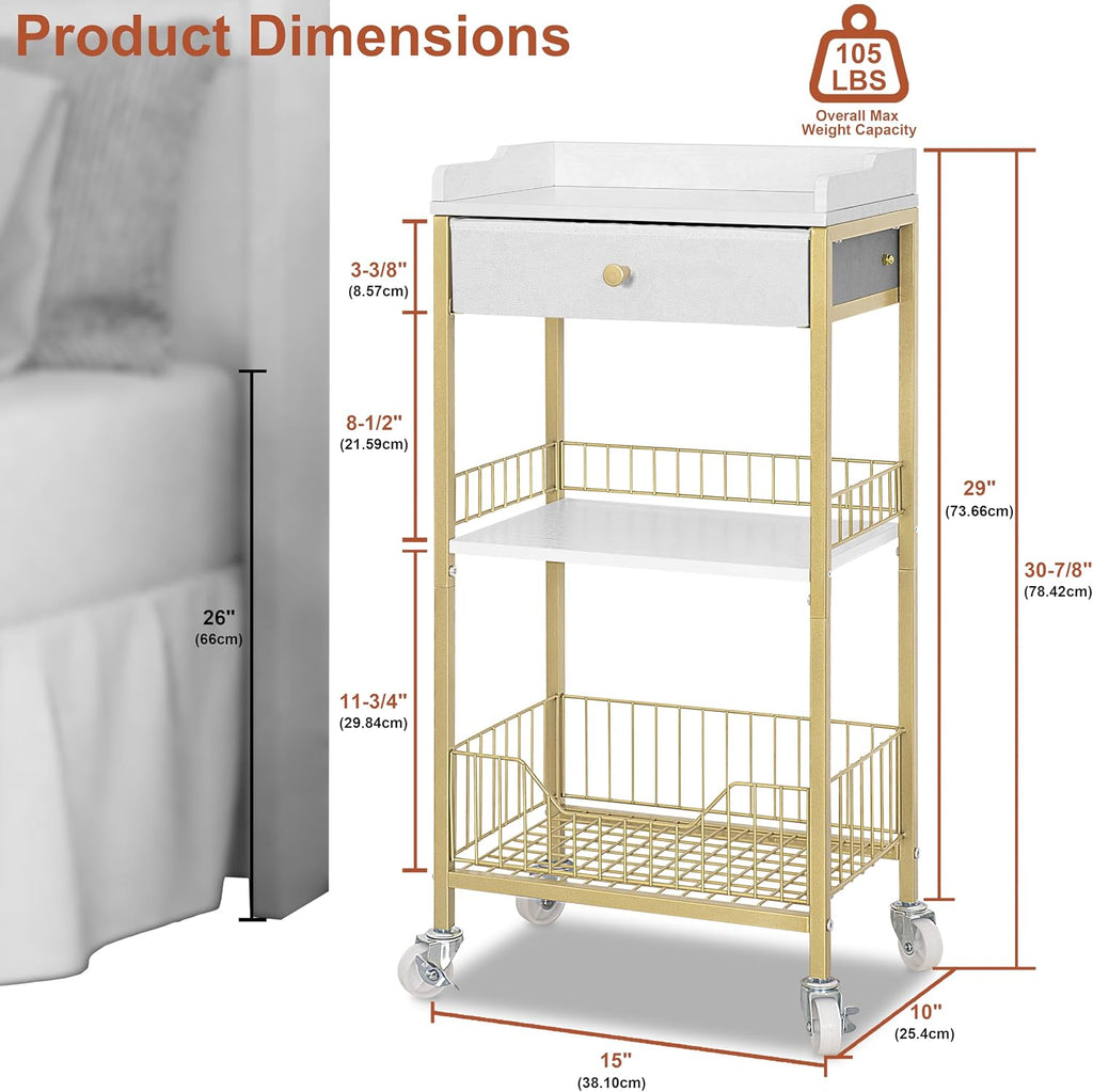Gold & White Side Table with Storage Basket, Tall End Table with Drawer, 4-Tier Bathroom Storage Shelf with Optional Wheels, Nightstand for Dorm, Living Room, Bedroom