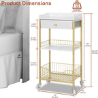 Gold & White Side Table with Storage Basket, Tall End Table with Drawer, 4-Tier Bathroom Storage Shelf with Optional Wheels, Nightstand for Dorm, Living Room, Bedroom