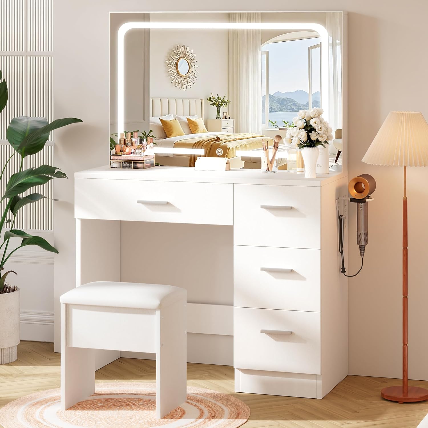 LIVELYGLOW 35.4" White Vanity Desk Set with Full-Width LED Mirror & Stool | 3 Lighting Modes, Charging Station, Cushioned Stool, 4 Drawers