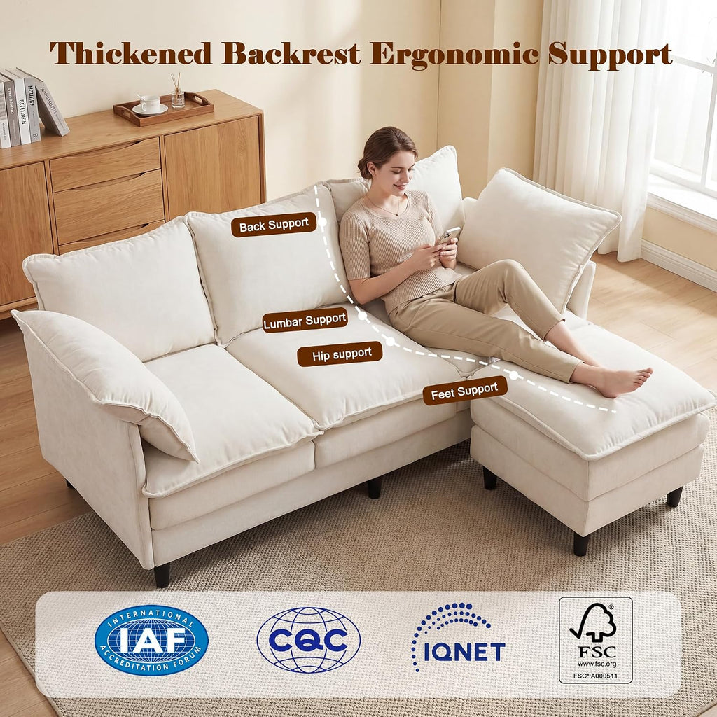 69" Couch Sofa L-Shape 3 Seat with Ottoman, Small Cloud Sofa Double-Layer Cushion 23" Deep Seat Washable Chenille Pillows Couches for Living Room Apartment Office 69-Beige-L