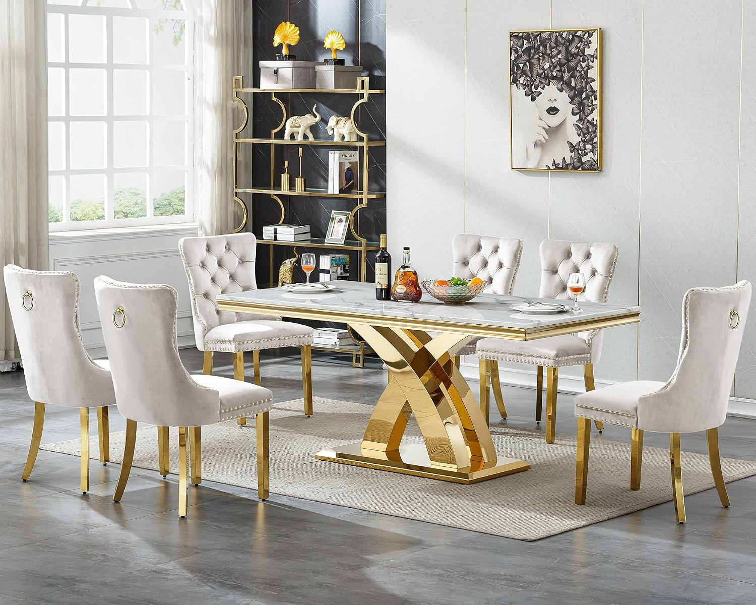 Modern Marble Dining Table for 6-8, 68" Faux Marble Kitchen Table with Gold X-Shape Stainless Steel Base,Luxury Rectangular White Marble Dining Room Table for Home Office Kitchen Dining Room