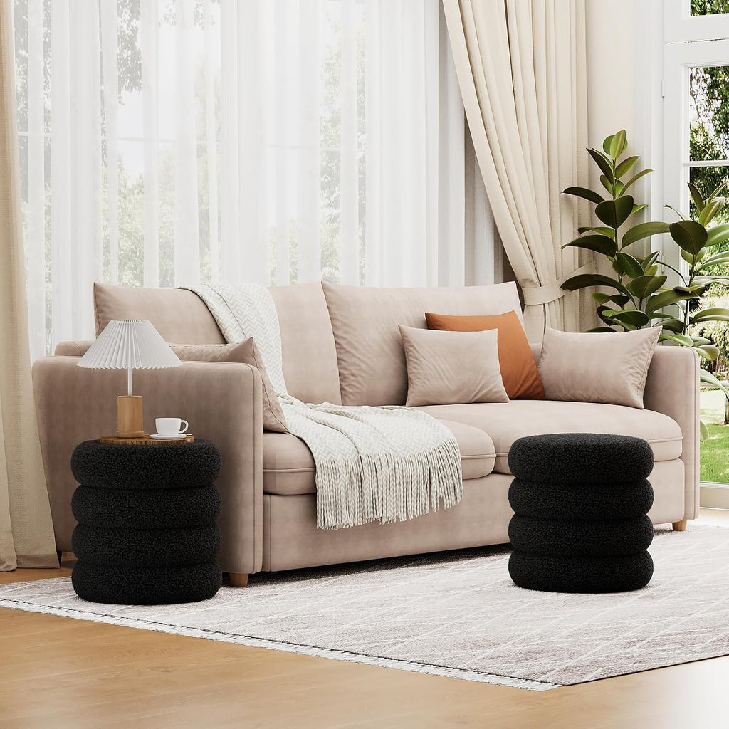 Soft Teddy Round Ottoman with Tray, 17.5 Inches Ottoman Coffee Table with Storage for Living Room, Vanity Stool with Storage Bedroom, Load up to 300 lb, No Assembly Required (Black)