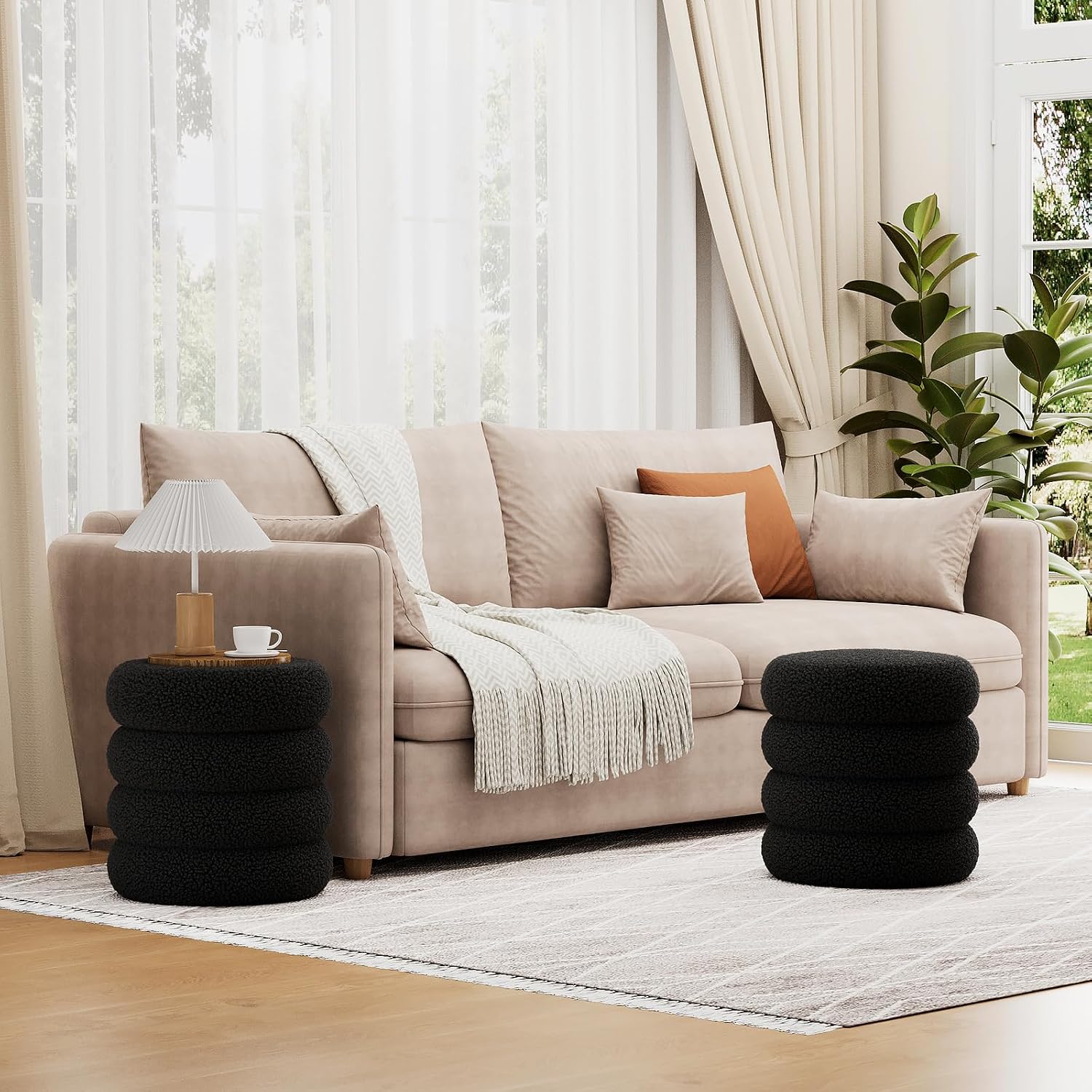 Soft Teddy Round Ottoman with Tray, 17.5 Inches Ottoman Coffee Table with Storage for Living Room, Vanity Stool with Storage Bedroom, Load up to 300 lb, No Assembly Required (Black)