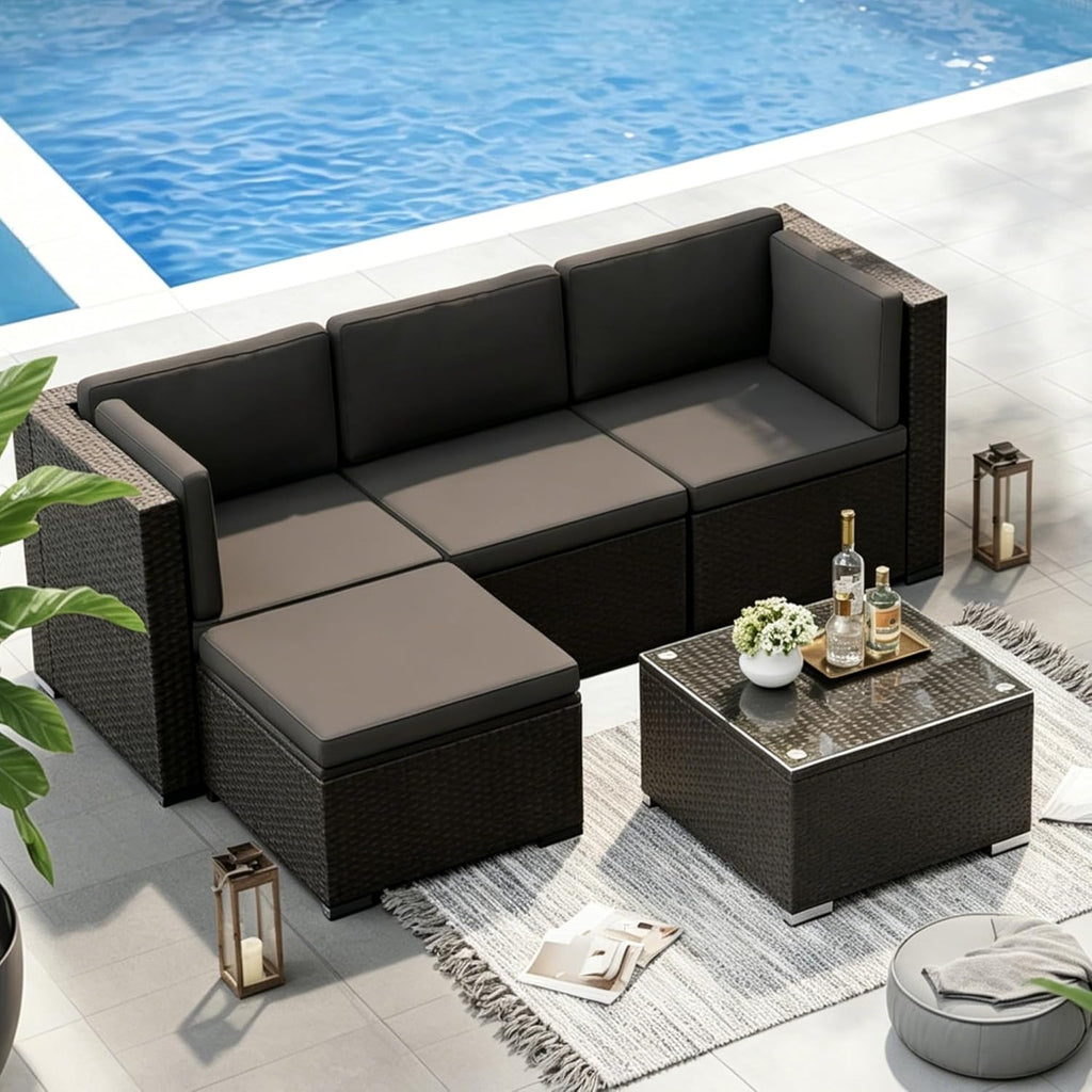 SUNCROWN 5-Piece Outdoor Patio Furniture Set, All-Weather PE Rattan Sectional Sofa with Ottoman, Glass Coffee Table & Cushions, Modular Wicker Conversation Set for Backyard, Garden, Porch, Dark Grey
