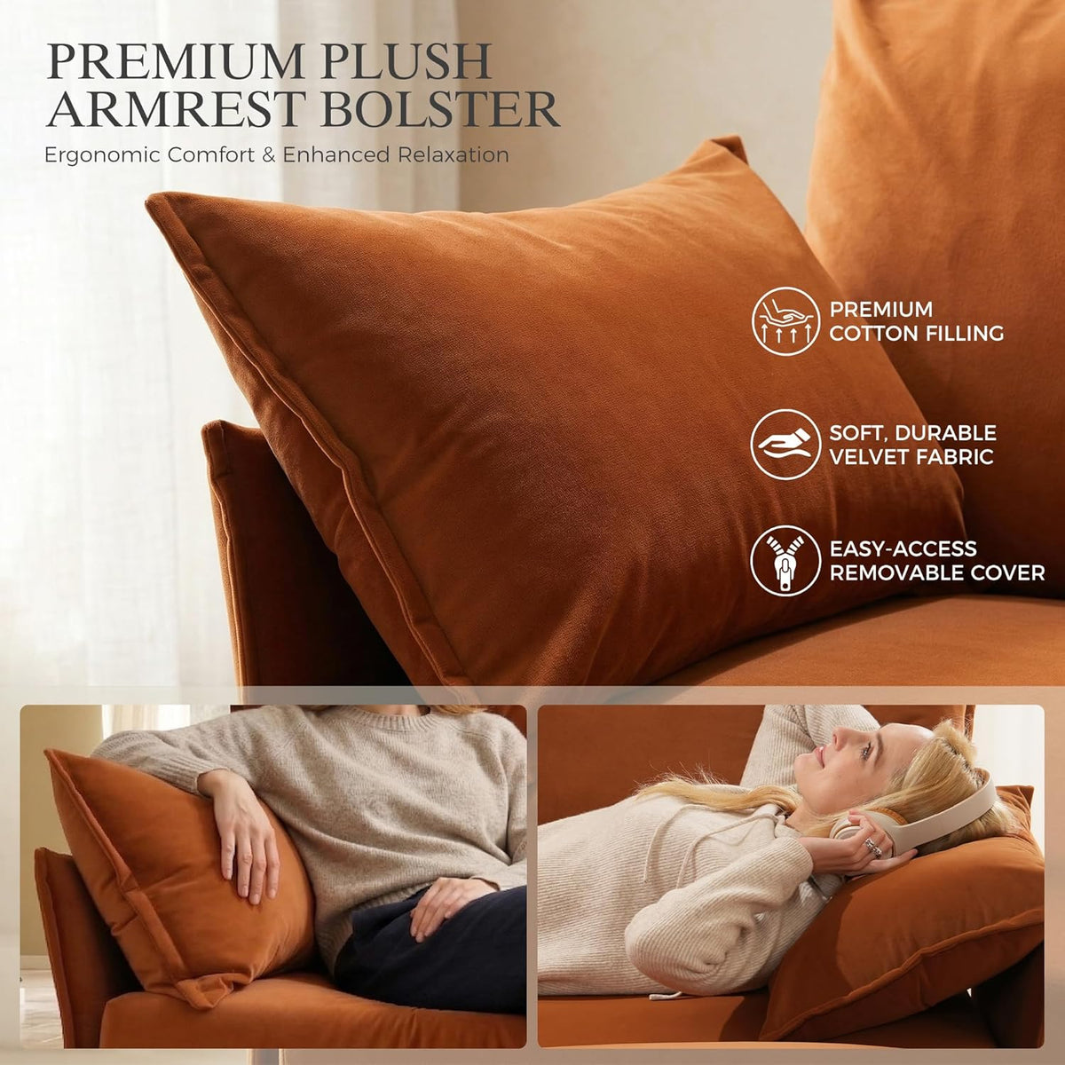 ABCASA Oversized Velvet Accent Chair with Removable Covers, Extra Deep Seat & Wide Reading Chair with 2 Pillows for Living Room, High Back, Terracotta