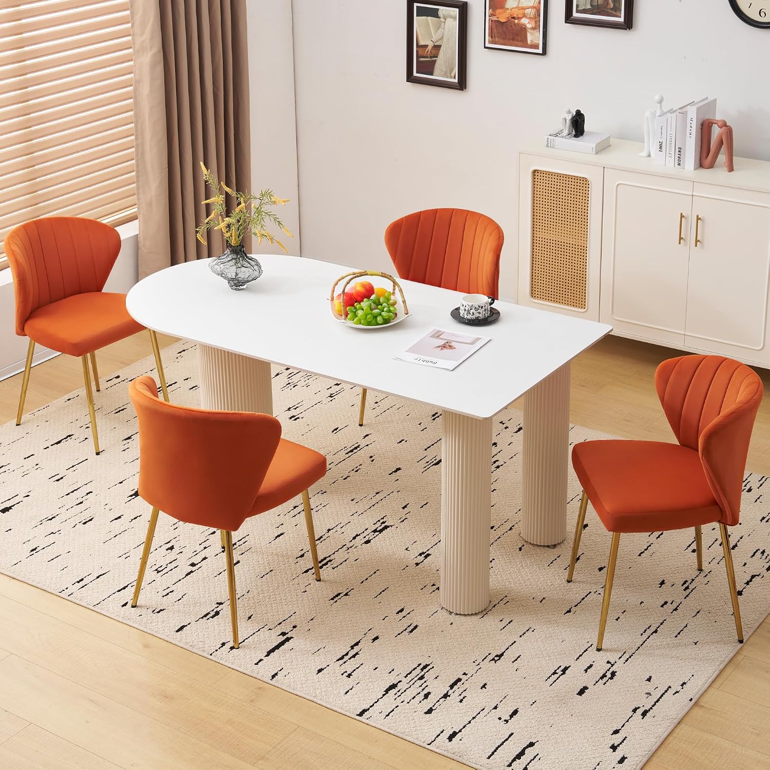 Velvet Dining Chairs Set of 2, Modern Upholstered Vanity Chairs with Golden Metal Legs for Dining Room Kitchen Vanity Patio (Orange)