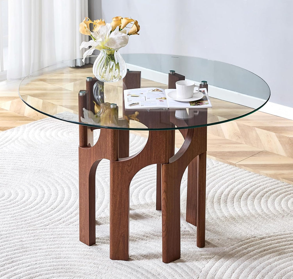 Round Dining Table,46 Inch Glass Kitchen Dining Room Table with Wooden Walnut Pedestal Base,Modern Circle Clear Glass Top 4-6 Person Dinner Table for Small Spaces Home/Apartment