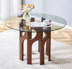 Glass Round Dining Table for 4 6 Person, 46 Inch Glass Kitchen Dining Room Table with Wooden Walnut Pedestal Base,Modern Circle Clear Glass Top Dinner Table for Small Spaces Home/Apartment
