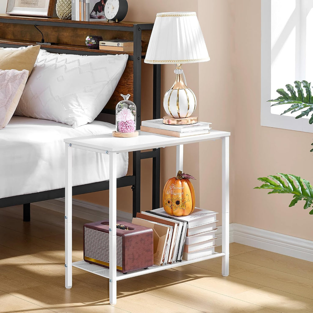 Hoctieon 2 Tier End Table, Sofa Side Table, Narrow Side Table with Storage, Slim Nightstand for Small Spaces, Metal Frame, for Living Room, Bedroom, Sofa Couch, Hall, White