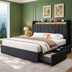 Queen Size Bed Frame with 4 Drawers, 51" Tall Storage Headboard, Grey