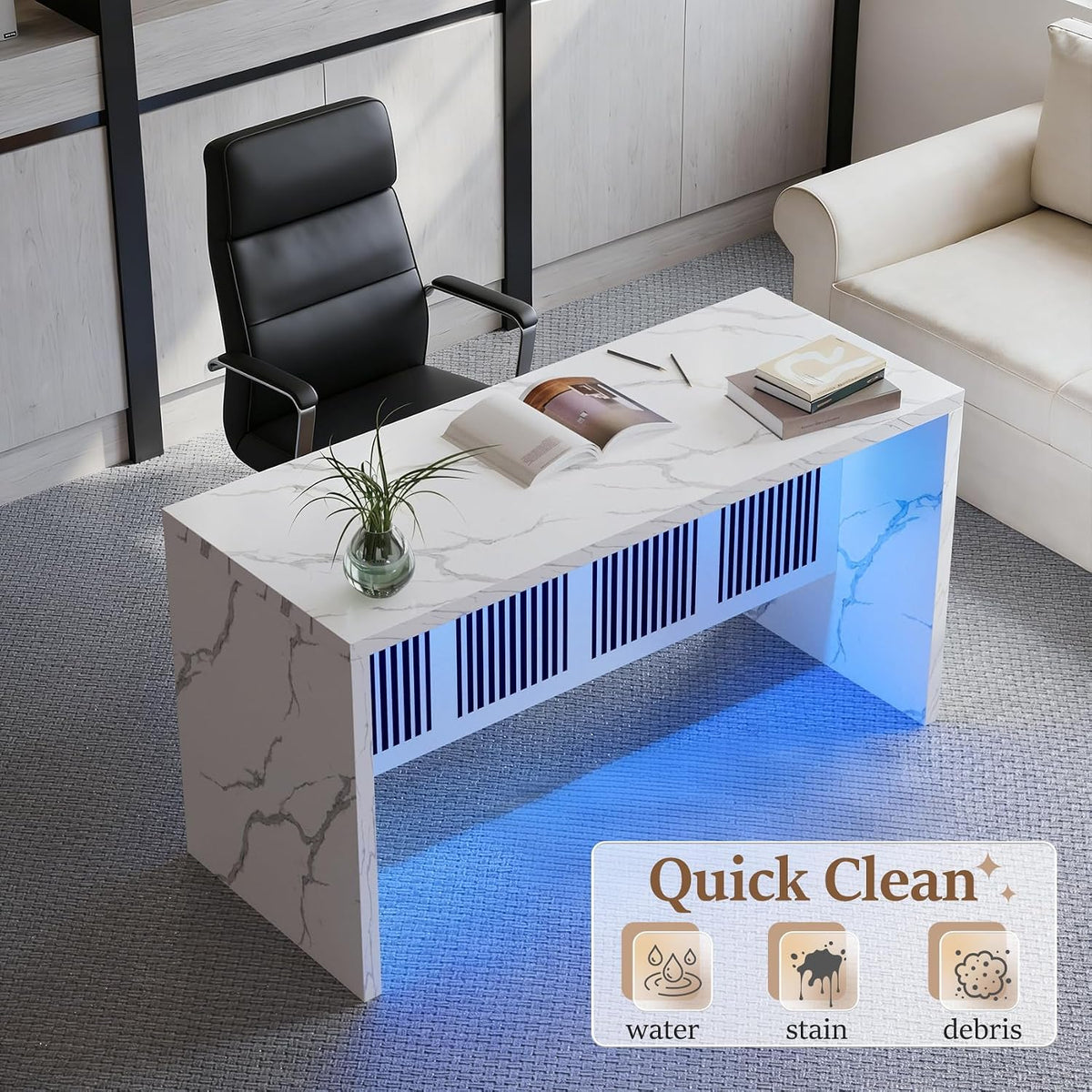 59IN Large Imitation Marble Dining Table, Suitable for 4-6 People, Modern Kitchen Island with LED Lights, Marble Stripes, Easy to Clean, Suitable for Kitchens, Dining Rooms, and Living Rooms