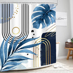 Glawry Blue Gold Boho Mid Century Shower Curtain Abstract Tropical Plant Minimalist Modern Geometric Palm Leaf Arch Bathroom Simple 60Wx72L Inches Bath Accessories Art Home Decor Fabric 12 Pack Hooks