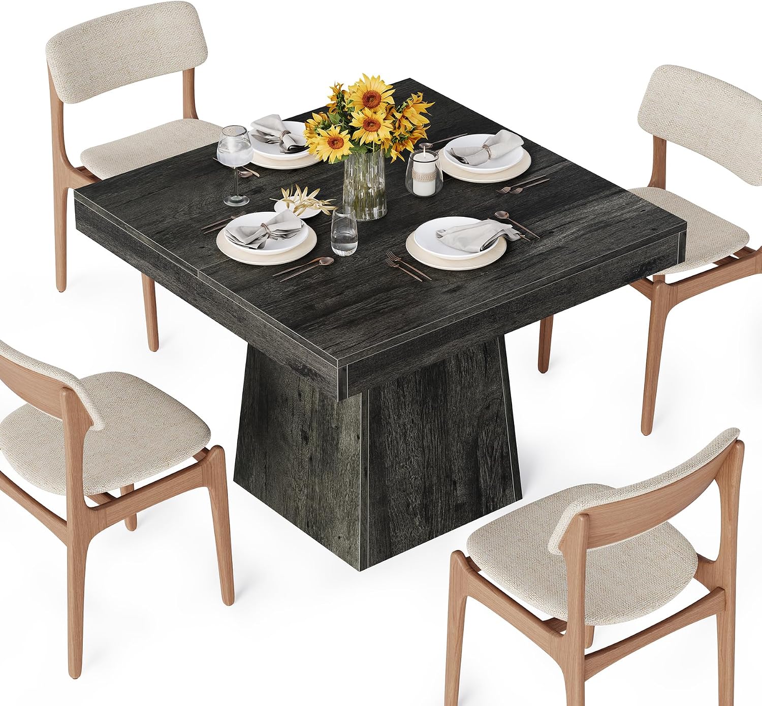 LITTLE TREE Dining Table for 4 People, 31.5-Inch Square Small Kitchen Table, Farmhouse Dinner Table with Sturdy Pedestal Base for Restaurant, Dining Room, Living Room, Grey