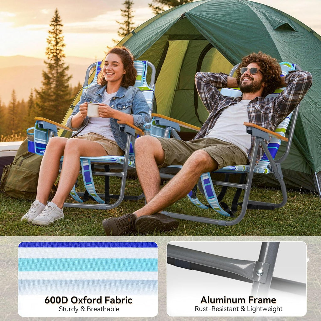 Backpack Beach Chair Wide Seat High Back Folding Camping Chair for Adults 5-Position Recline Supports 400 lbs Portable Chair with Cup Holder Cooler Bag Storage Pouch for Outdoor Lawn Picnic