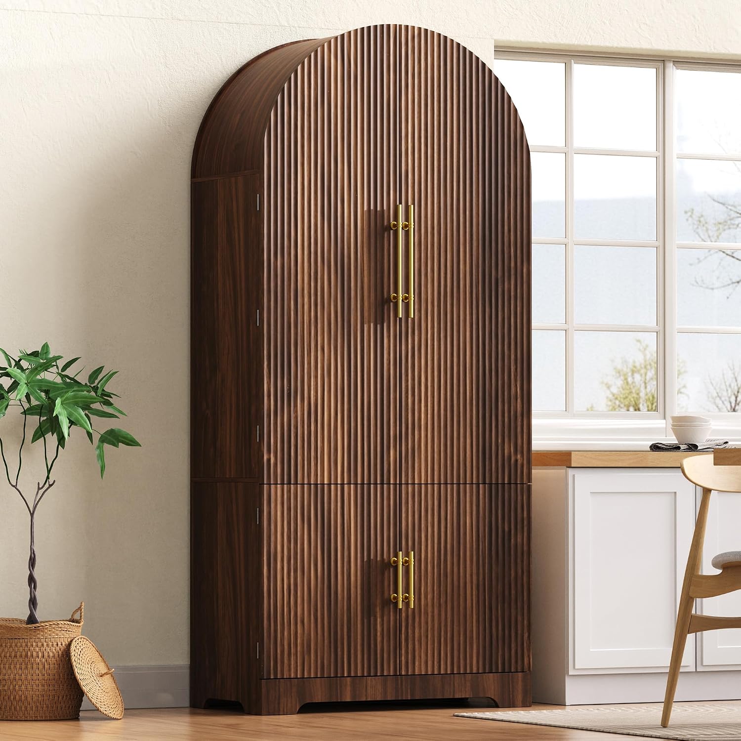 72" Tall Arched Kitchen Pantry Cabinet with Fluted Doors & 8 Shelves, Brown | Storage Cabinet with 3 Adjustable Shelves & Hidden Drawer, Versatile Cupboard for Kitchen, Dining Room