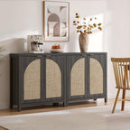 SICOTAS 68" W Rattan Sideboard Buffet Cabinet with Storage Set of 2, Modern Credenza with Arch Doors & Shelves, Boho Coffee Bar Media Console Cabinets for Kitchen, Living Room, Entryway, Black Oak