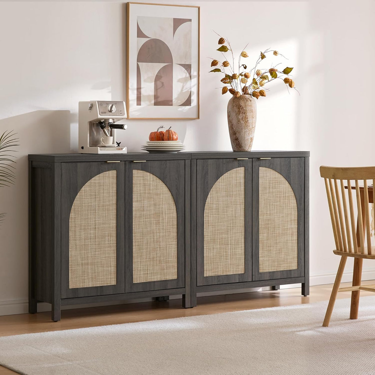SICOTAS 102"W Rattan Sideboard Buffet Cabinet Set of 3, Modern Credenza Storage Cabinet with Arch Doors & Shelves, Boho Coffee Bar Media Console Cabinets for Kitchen, Living Room, Entryway, Black Oak
