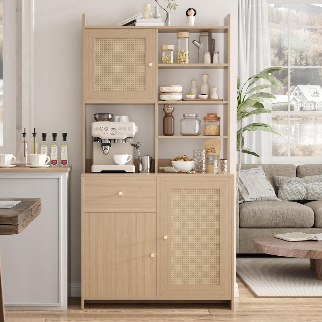 IDEALHOUSE Kitchen Pantry Cabinet with Adjustable Shelf, 71" Tall Storage Cabinet with Microwave Stand, Food Pantry Cabinets for Kitchen, Dining Room, Living Room, Natural