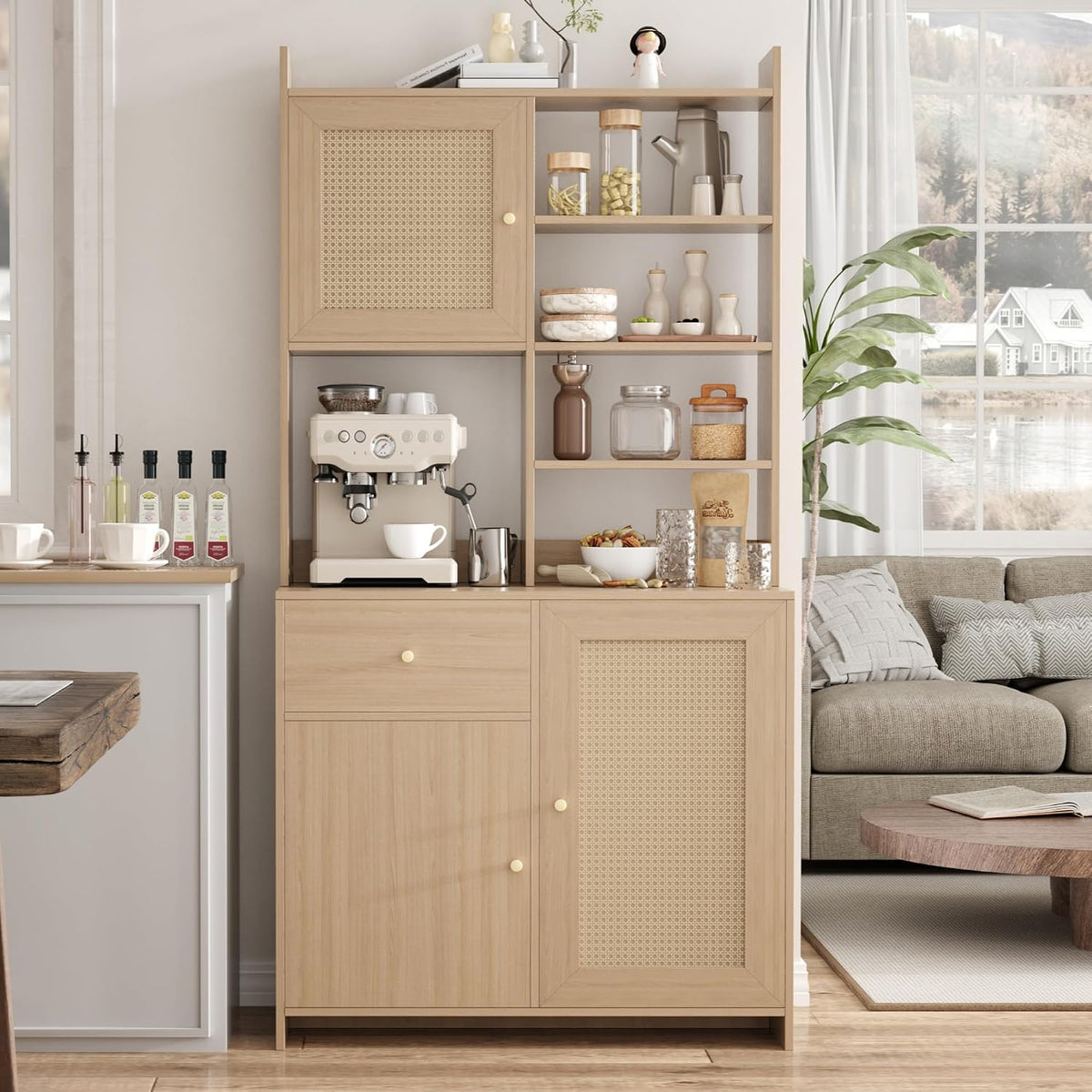 IDEALHOUSE Kitchen Pantry Cabinet with Adjustable Shelf, 71" Tall Storage Cabinet with Microwave Stand, Food Pantry Cabinets for Kitchen, Dining Room, Living Room, Natural