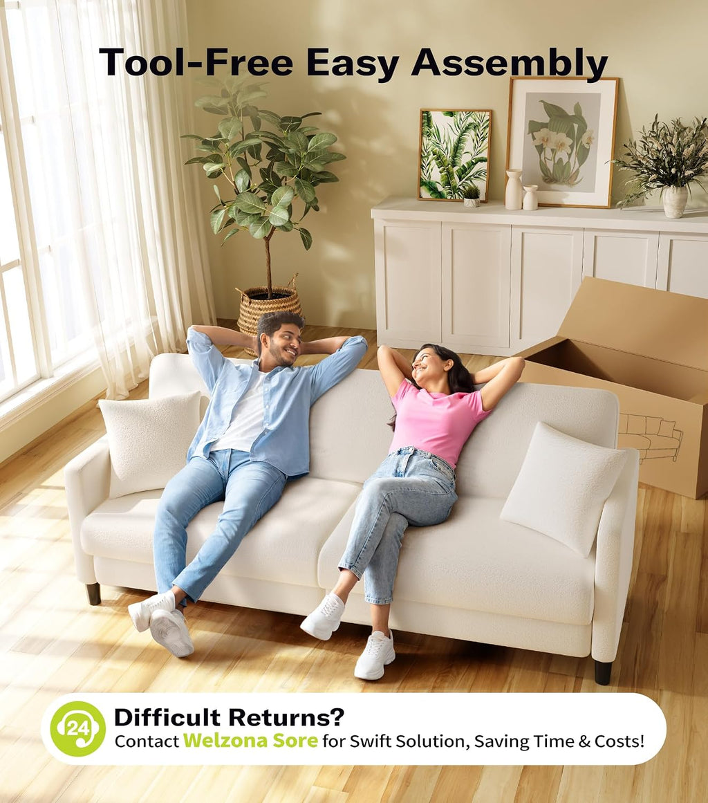Welzona Couches for Living Room, 83"Teddy Sofa Couch, Sofas for Living Room | Tool-Free Setup Loveseat Sofa, All-Wood Love Seat Couches, 7.5"Spring Seat Cushion, Small Couch for Bedroom, 2 Pillows, Beige