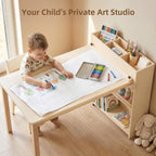 Kids Table and Chair Set, Wooden Toddler Activity Table with Storage Cabinet, Birch Art Desk for Drawing, Crafts, Reading and Games, 1 Chair Included