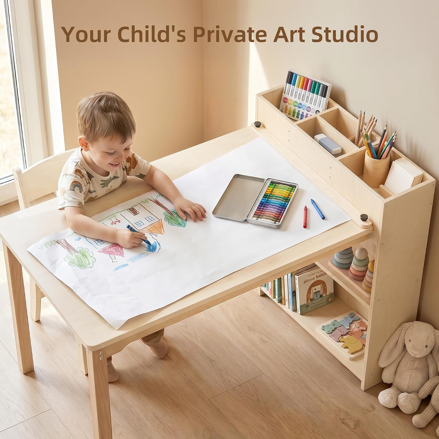 Kids Table and Chair Set, Wooden Toddler Activity Table with Storage Cabinet, Birch Art Desk for Drawing, Crafts, Reading and Games, 1 Chair Included