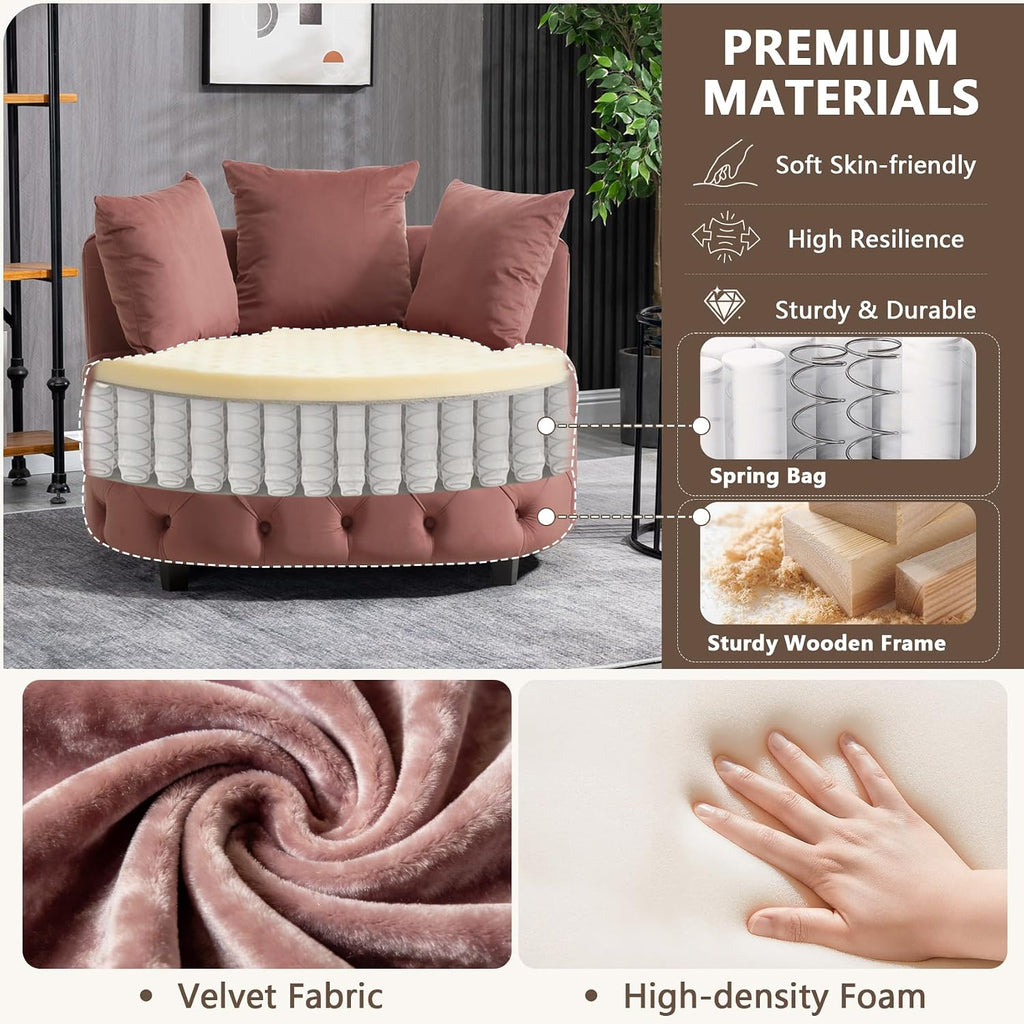 mikibama Oversized Accent Barrel Chair, 40.6" W Velvet Upholstered Round Chair with Pillows, Rubber Wood Legs Modern Lounge Reading Sofa Armchair for Living Room, Bedroom