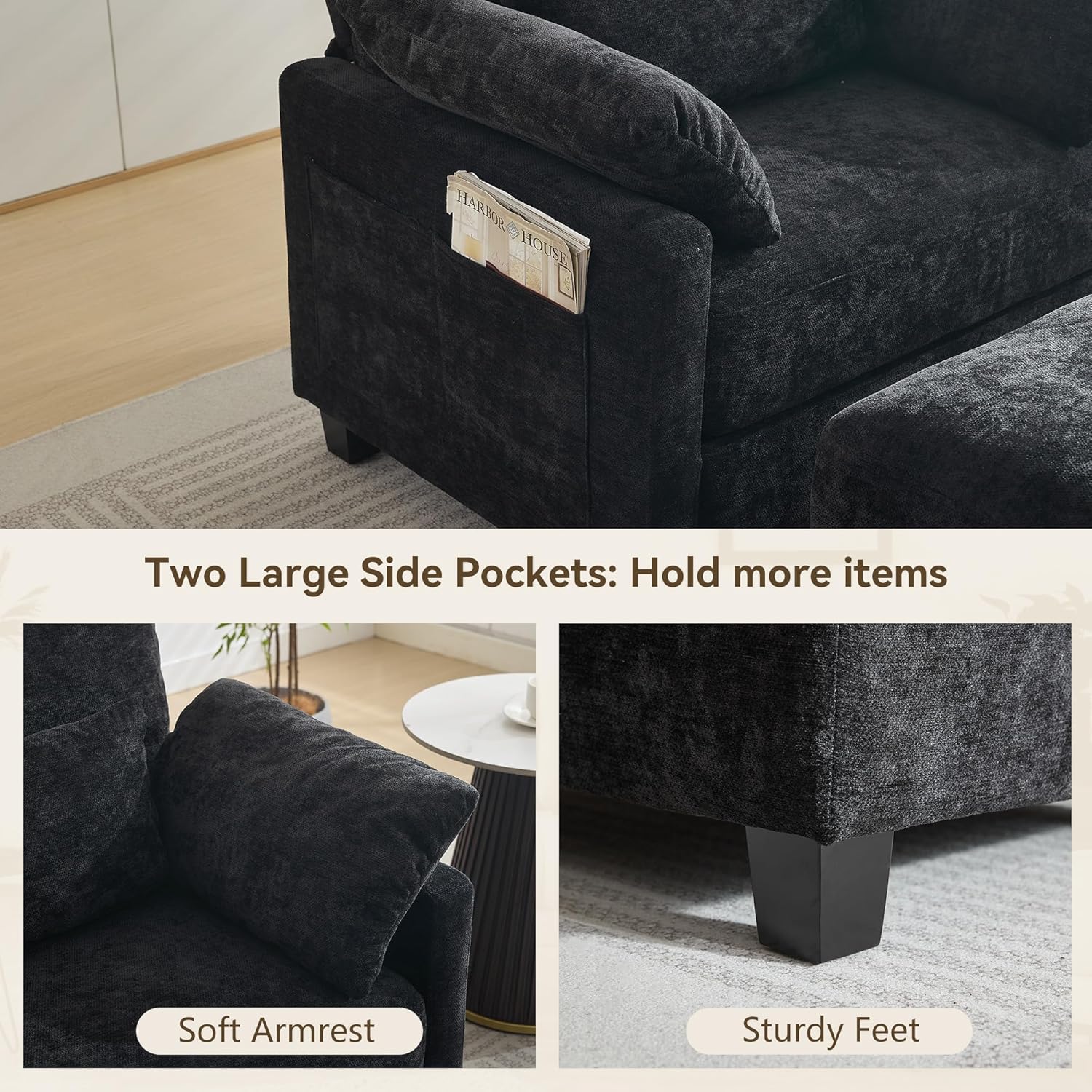 57.5" Oversized Chenille Chair with Movable Ottoman, Black Deep Seat Comfy Upholstered Chaise Lounge Reading Accent Armchair with Side Pocket, Single Sleeper Sofa for Living Room Bedroom Small Space