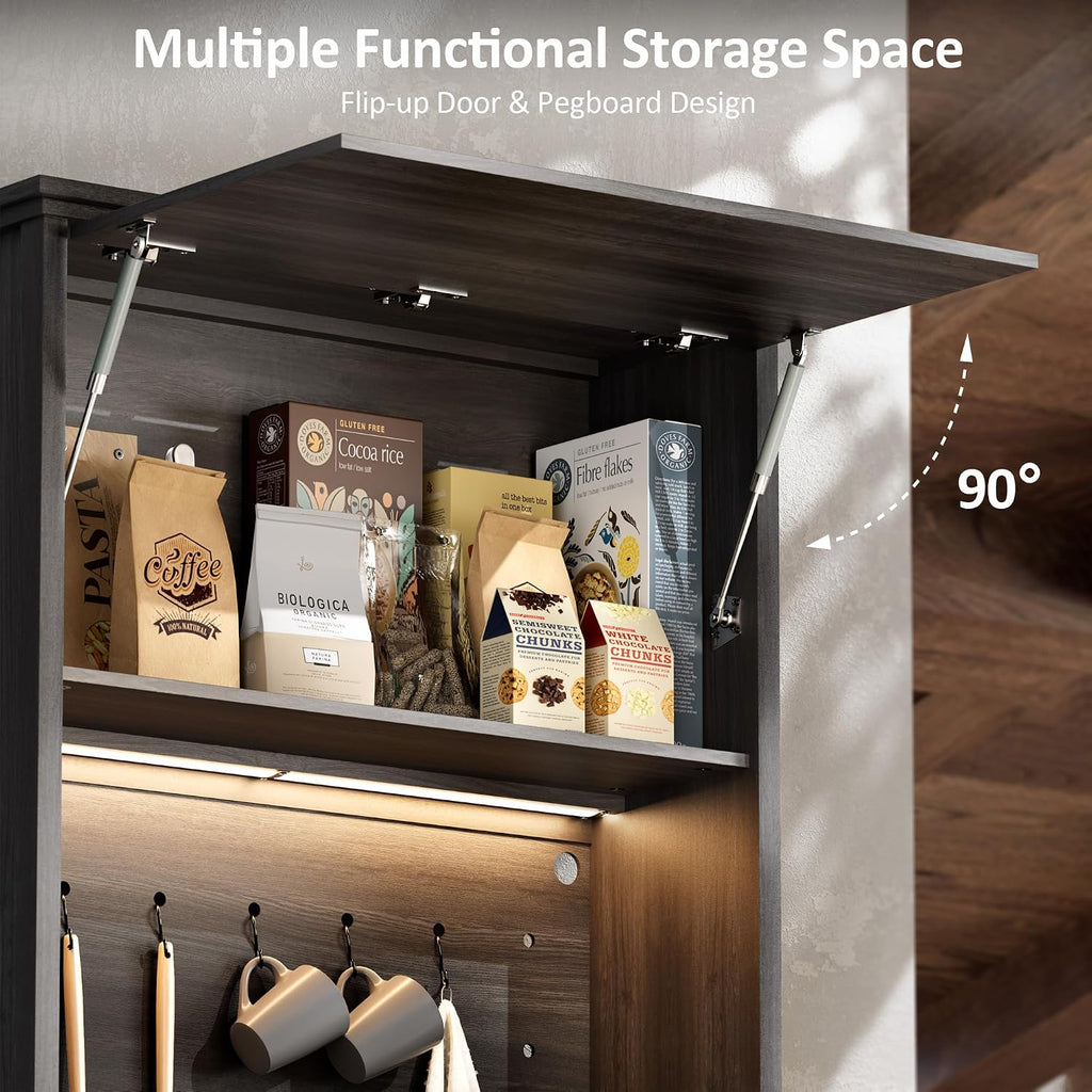 72" Tall Kitchen Pantry with Hydraulic Flip Up Door, Storage Cabinet with LED Lights & Charging Station, Drawer and Adjustable Shelves, Cupboard for Kitchen, Dining Room, and Hallway, Black