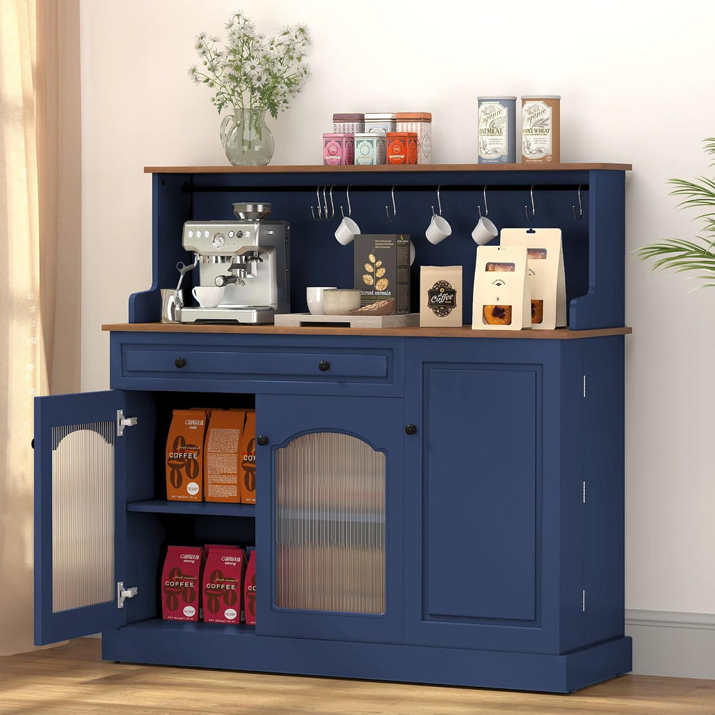 ARTPOWER 48" Farmhosue Coffee Bar Cabinet with Hutch, Wine Cabinet，Blue | Modern Buffet Cabinet with Drawer Storage & Shelves, Wine Bar Table with 3 Glass Doors for Living Room, Metal Hooks & handles