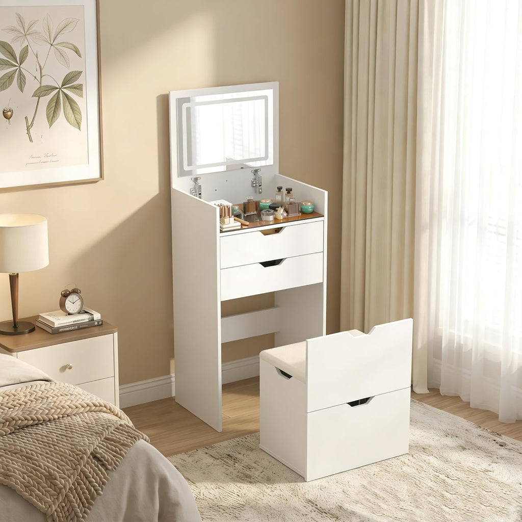 3-in-1 Vanity with Mirror and Lights, Modern Compact Vanity Table with 3 Storage Drawer, Small Makeup Vanity Desk, Dressing Table with Cushioned Stool for Bedroom, Cloakroom (Flip vanity White)
