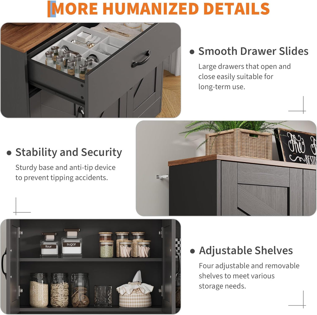 IDEALHOUSE 71" Kitchen Pantry Storage Cabinet with Charging Station, Farmhouse Kitchen Hutch Cabinet with 2 Storage Drawers, Large Food Pantry with Microwave Stand for Dining Room,Living Room,Black