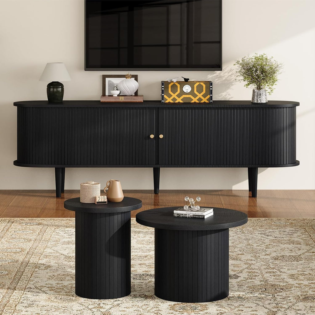 LUXOAK Nesting Coffee Table Set of 2, Mid Century Modern Round Coffee Tables, Wood Slat Side Table Set for Living Room, Office, Balcony, Textured Black