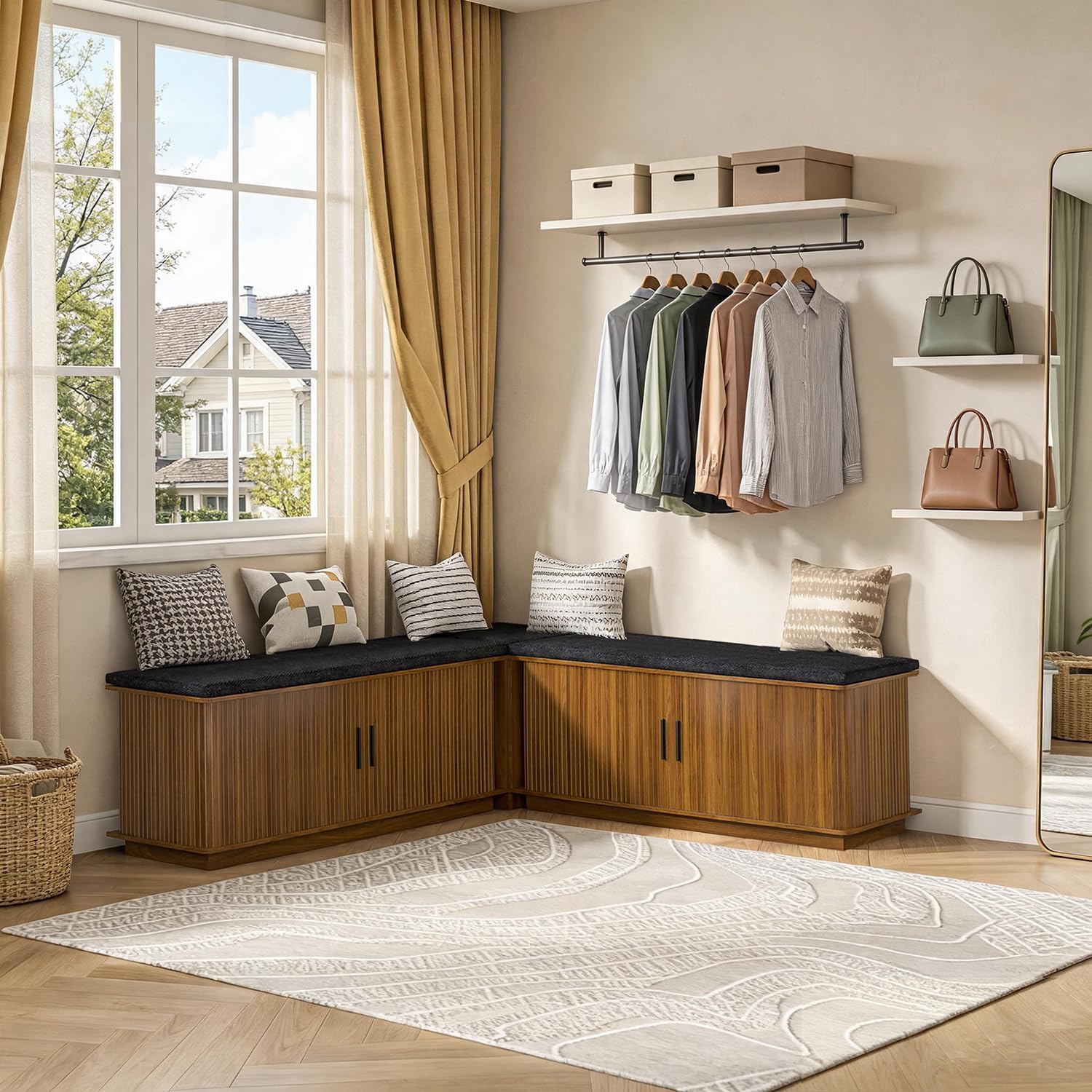 Corner Storage Bench with Hidden Storage, L-Shaped Shoe Bench with Cushion, Space Saving Storage Bench for Entryway, Kitchen, Cloakroom, Dining Room, Walnut