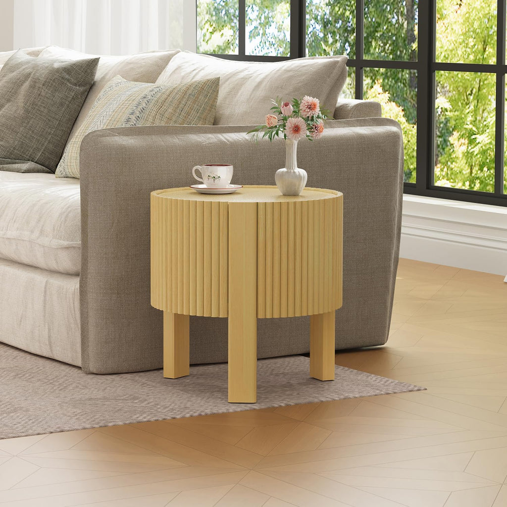 Living Room Table Set of 3 with 1 Coffee Table and 2 Side Tables, Rubber Solid Wood, Soft-Close Door, Natural, 47"