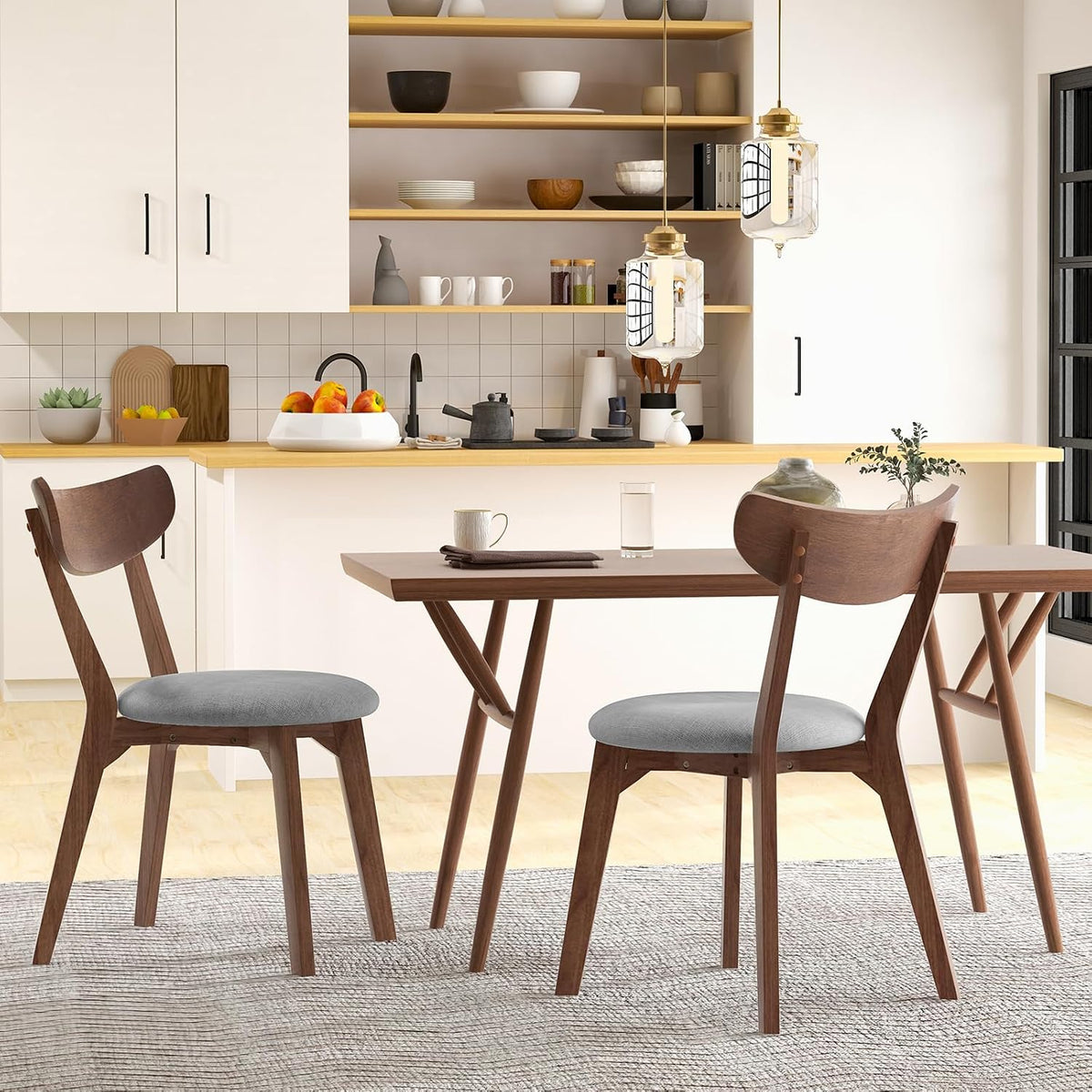 KOTEK Dining Chairs Set of 2 with Rubber Wood Legs | Mid Century Modern Kitchen Chairs with Cushioned Seat, Curved Backrest, Wooden Side Chairs for Dining Room, Living Room